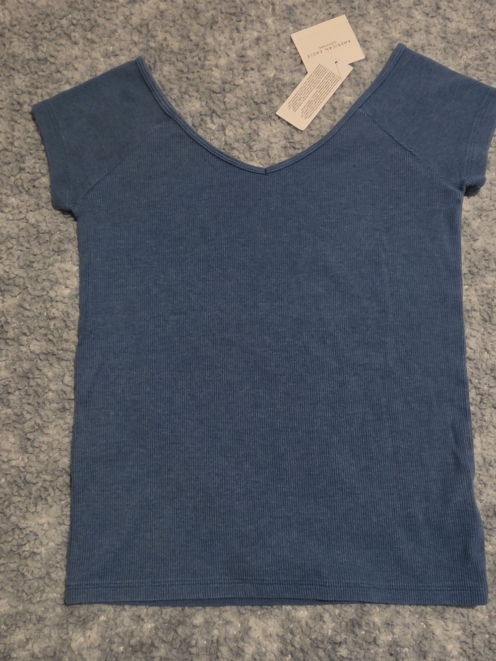 American Eagle Outfitters Knit V-Neck Cap Sleeve Stretch T-Shirt Blue Women's M